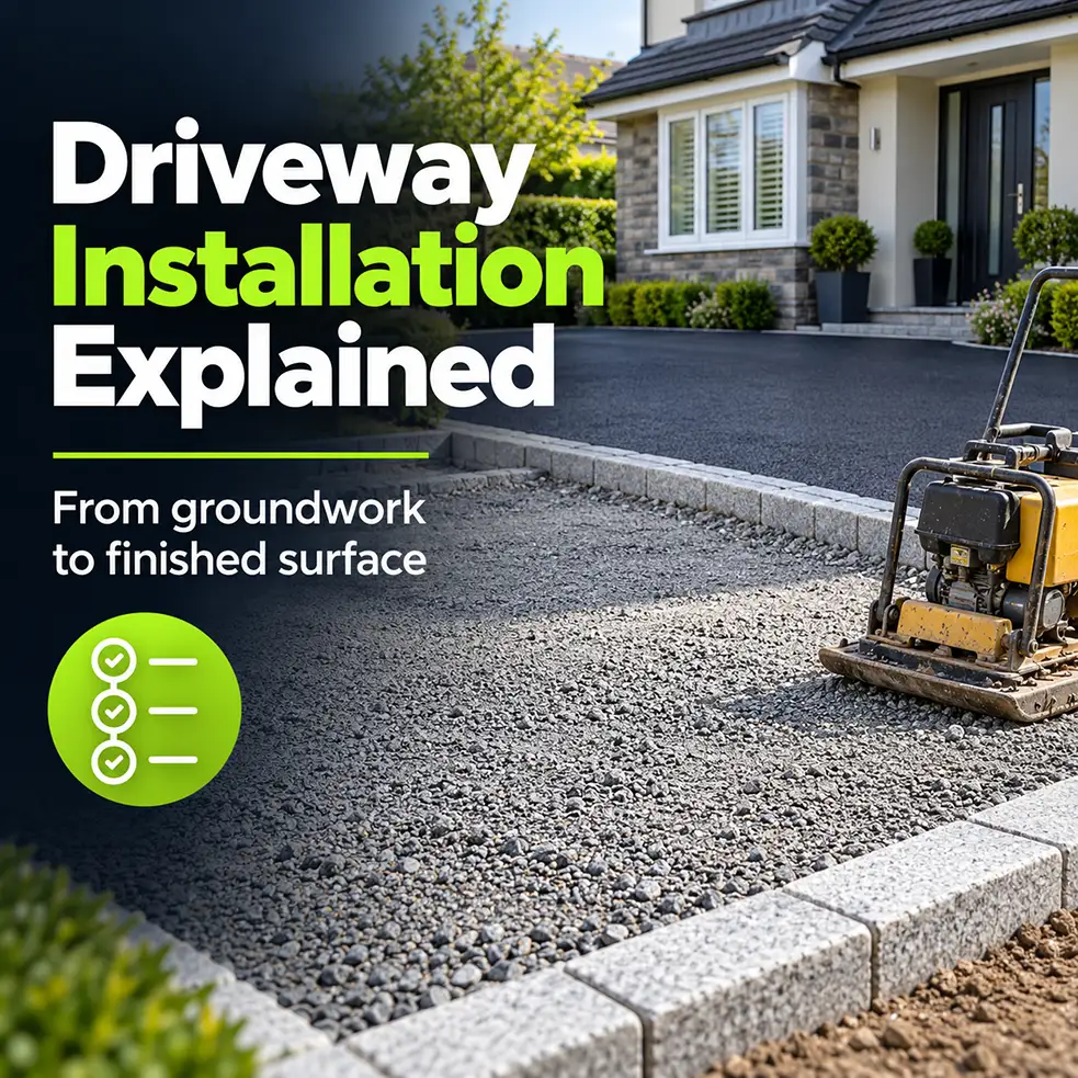 Driveway installation process from ground preparation to finished surface