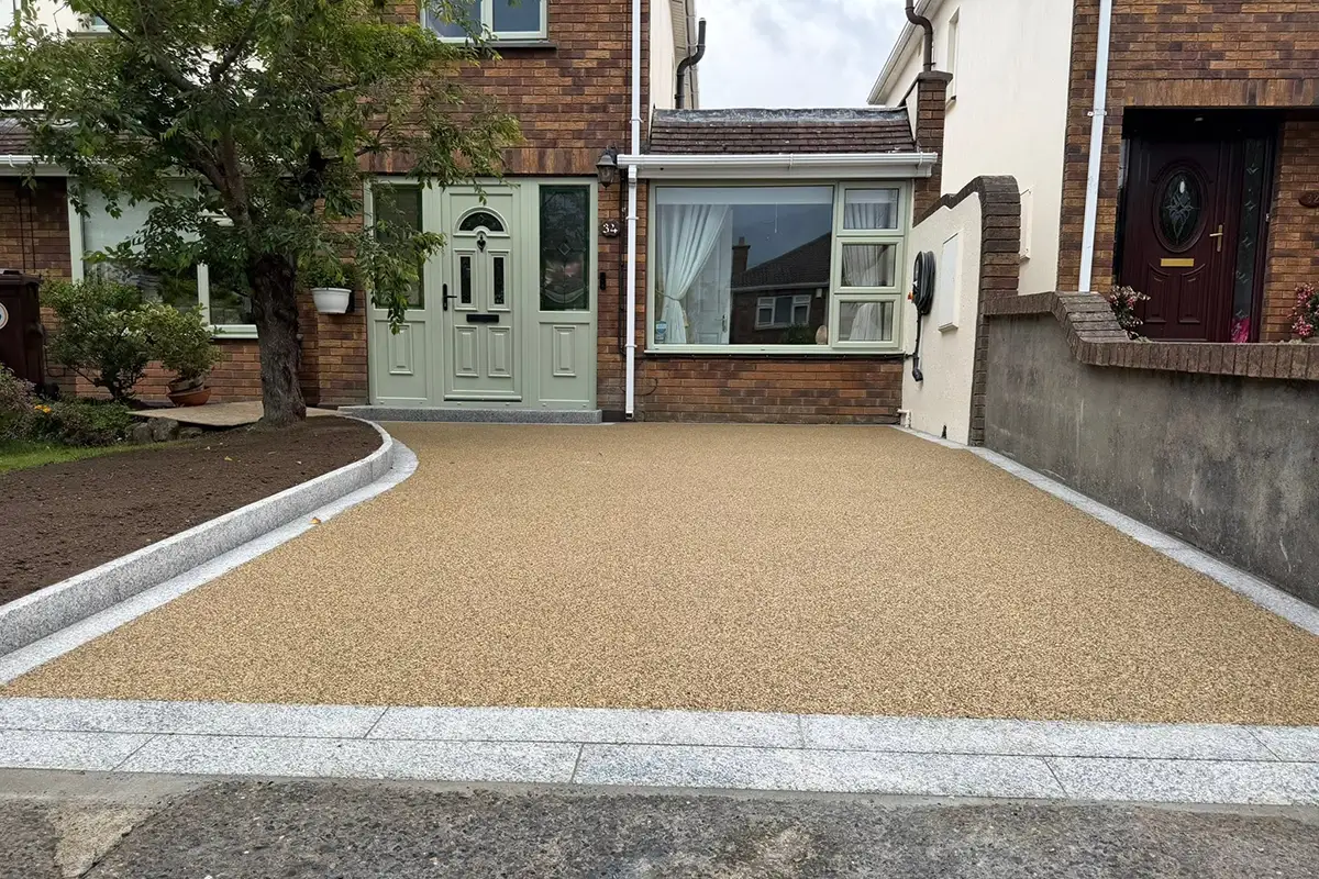 Completed tarmac driveway with silver granite framing and entrance step on Bawnville Road Tallaght