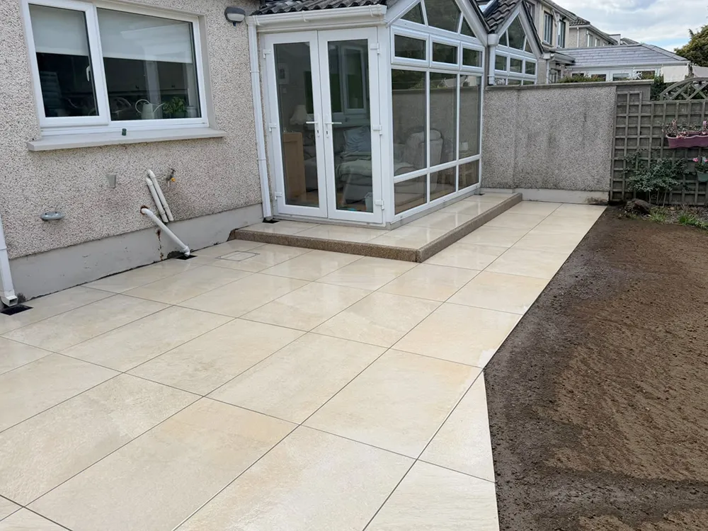 Completed porcelain patio and garden seating area in Dublin