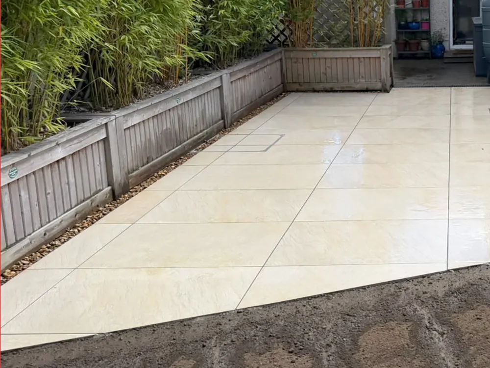 Close-up of porcelain patio paving and joint finishing in Dublin