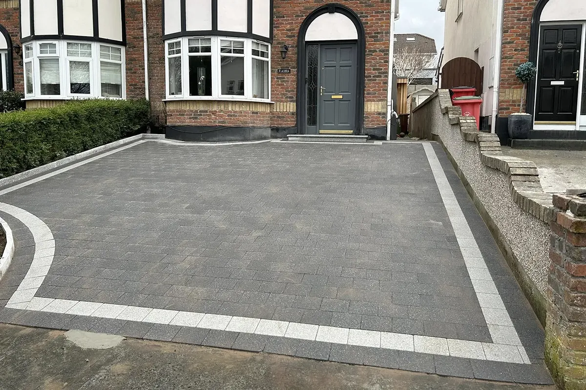 Completed block paving driveway in Scholarstown Dublin with silver granite border