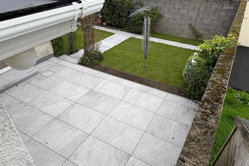 Completed silver-grey porcelain patio and pathway at Rathcurragh Newbridge Kildare